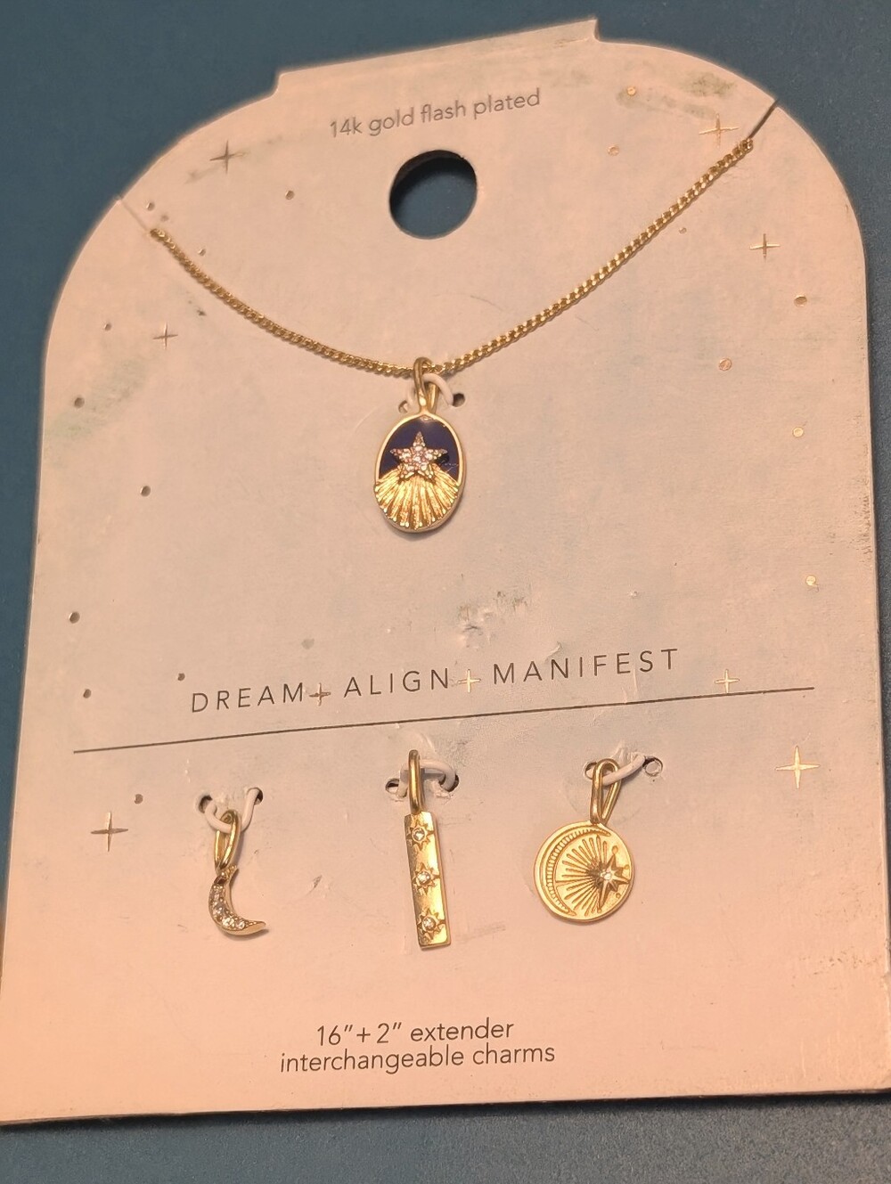 14k Gold Flash Plated Interchangeable Charm Necklace, Moon, Stars, Navy Blue NWT